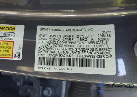 2019 Honda Accord Hybrid Ex from USA, damaged, VIN 1HGCV3F41KA014322